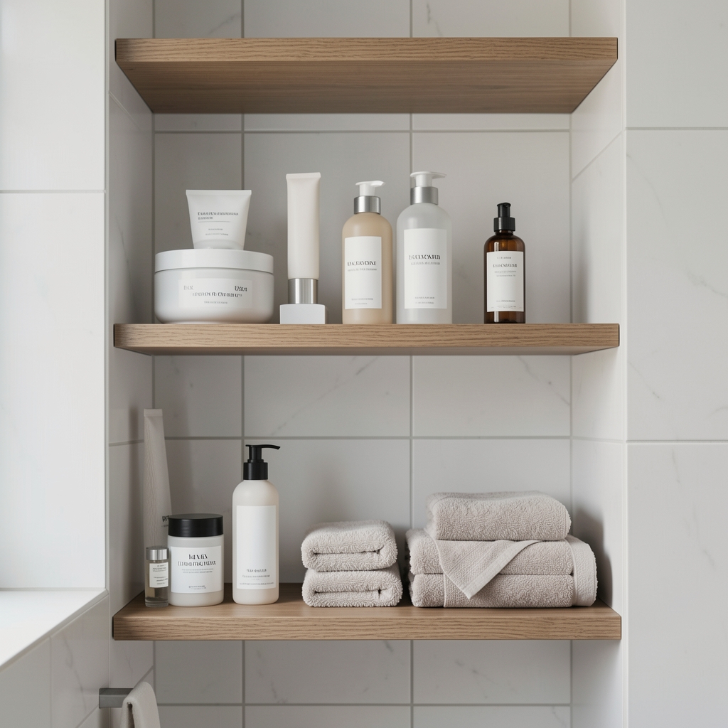 Organised bathroom shelf with a minimal set of men's grooming products in amber and dark glass bottles, clean wooden surface with controlled warm ambient light