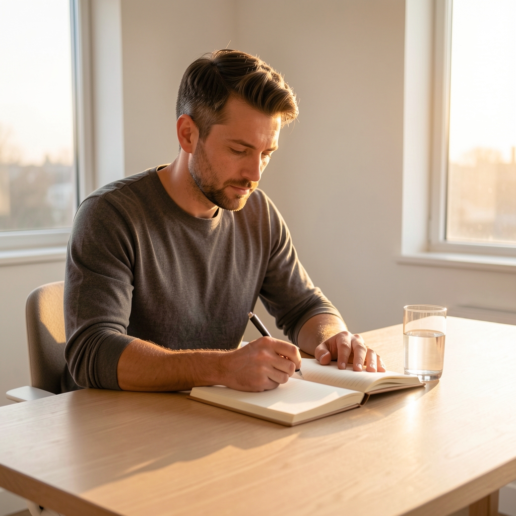 Man sitting at a clean minimal wooden desk at dawn with a notebook and a glass of water, focused morning preparation in a well-lit home workspace