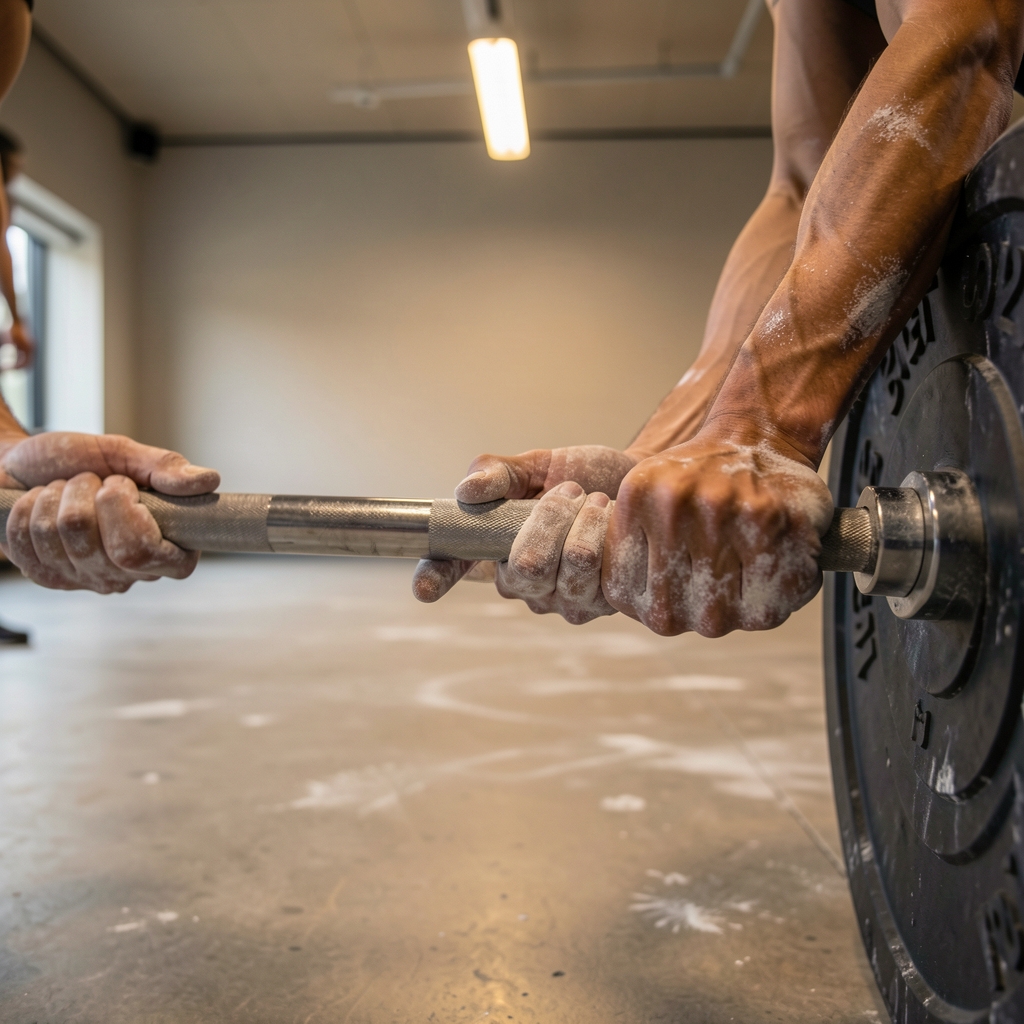 Close-up of chalk-covered hands gripping a barbell in a clean, sparse weight room with concrete flooring and warm overhead work lighting